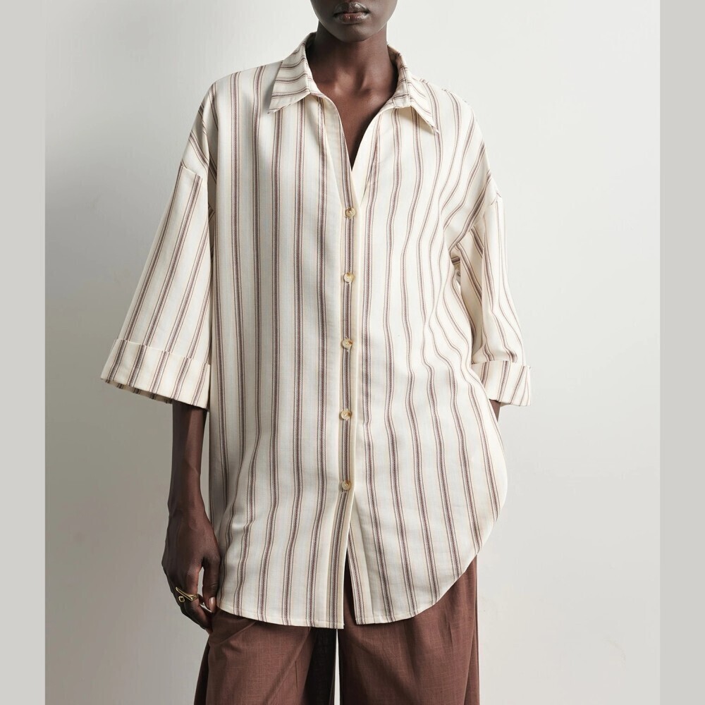 Cream Striped Button Front Oversized Longline Shirt